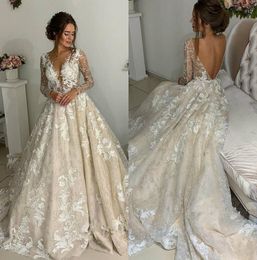 Vintage rückenfreie Brautkleider, V-Ausschnitt, rückenfreie Spitze, Brautkleider, lange Ärmel, Boho-Landhaus-Hochzeitskleid in Übergröße