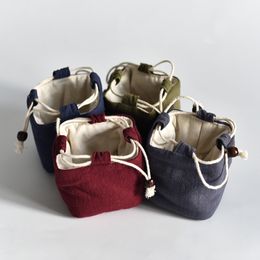 Square Bottom Thicken Linen Jewellery Travel Pouch Cloth Drawstring Bags Cotton filled Portable Small Cup Tea Set Storage Pouch