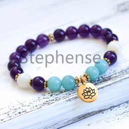 MG0697 8 mm Aquamarine Amethyst Bracelet Natural Moonstone Gemstone Energy Bracelet New Design Womens Chakra Yoga Mala Bracelet