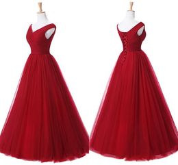 Dark Red Pleated Draped Tulle Prom Party Evening Dresses Elegant Formal V-neck Lace-up A-line Special Occasion Dress Girls Sweet 16 Dress