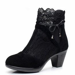 Most popular 2019 New high quality Matte Cowhide Mesh Spring and Summer Women Shoes Fashion Boots Thick Heel Real Leather Shoes Ankle Boots