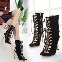 Vendita calda-Grigio nero stivaletto alla caviglia peep toe scarpe da donna sexy con lacci tacchi alti pompe 12 cm taglia da 34 a 40