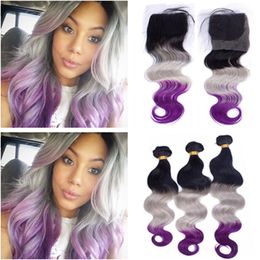 #1B/Grey/Purple Dark Roots Ombre Brazilian Human Hair 3Bundles Body Wave with Closure 3Tone Ombre Weave Bundles with 4x4 Lace Closure