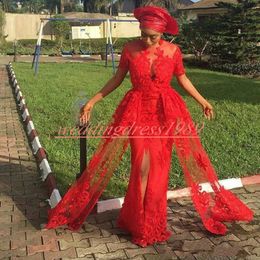 Trendy African Lace Sheath Front Split Evening Dress Lace Gown Short Sleeve Red Plus Size Occasion Formal Prom Robe De Soiree Party Wear