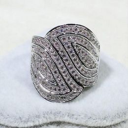 Luxury Shine Cocktail Wedding Rings For Women jewelry Real solid 925 Sterling Silver Leaf Pave 110 PCS cz stone ring finger size 5-10