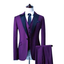 Custom Made Groomsmen Purple Groom Tuxedos Peak Black Lapel Men Suits Wedding Best Man Bridegroom (Jacket + Pants + Vest) L230