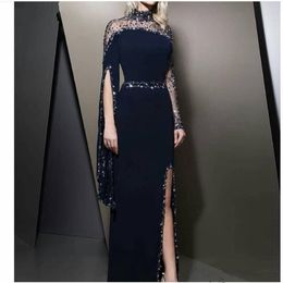 2020 Formal High Neck Navy Blue Evening Dresses kaftan dubai Beaded Long sleeve Party gowns Modest robe de soiree Split Prom Dress