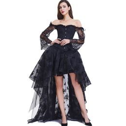 Women Halloween Burlesque Dancing Corset Skirt Set of Sheer Flare Floral Lace Long Sleeve Lolita Ruffle Push up Bra Corset and Hi-lo Skirt