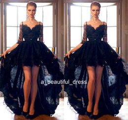 Short Front Long Back Black Lace High Low Prom Dresses with Sequins Mid Sleeves Spaghetti Straps Evening Party Formal Gowns ED1296