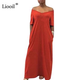 Liooil Plus Size Sexy Maxi Dress Women Summer 2019 Bohemian Casual Loose Dress Short Sleeve O Neck Pocket Red Party Long Dresses