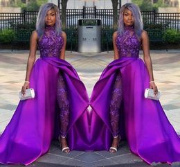 2022 fioletowe kombinezony suknie balowe z odpinanym pociągiem na szyję koronkowe aplikacje z koralików suknie wieczorowe luksusowe afrykańskie sukienki na przyjęcie