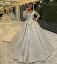 Wedding Dresses Sequins Bridal Ball Gowns Long Sleeves Beading Puffy Lace Appliques Wedding Gowns Petites Plus Size Custom Made