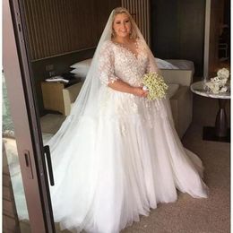 2020 New Elegant Plus Size Wedding Dresses 3/4 Long Sleeves Scoop Neck Bridal Gown Vestido De Novia Sweep Train Tulle Wedding Dress