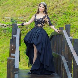 2020 New High Low Gothic Black Wedding Dresses With Long Sleeves Sexy Sheer Lace Top Short Front Long Back Black Coloured Dress