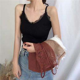 Hong Kong-style Retro Suspender Waistcoat Women Wear Knitted Lace V Collar And Skinny Undercoat Short Summer Fashion