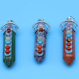 Seven Chakra Pendants for Necklace Natural Crystal Stone Hexagonal Prism Column Pendant for DIY Jewellery Accessories Making Bullet Charms