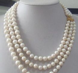 triple strands 8-9mm Real Australian south sea white pearl necklace 17-19"