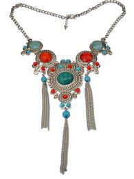 Bohemia Style Silver Plated Turquoise Beads Bib Statement Necklace Charm Rhinestone Tassel Chain Pendant Necklaces for Women Jewellery