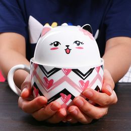 Cute Kawaii Lovely Cat Mugs Ceramic Cup Coffee Mug with spoon Tea Milk Drinkware With Cover Breakfast Cups Lovers Gift