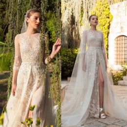 Chapel High-split Wedding Dresses Elegant Sheer Jewel Neck Long Sleeves Appliqued Beaded Illusion Bridal Gowns Custom Made Abiti Da Sposa