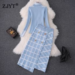 Top Brand Designer Women Sweater Skirt 2Pcs Set 2019 Autumn Winter High Neck Knit Top+Plaid Skirt Suit Set Lady Twinset