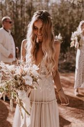 2019 Elegant Deep V-Neck Nude Champagne Long Wedding Dresses Boho Beach Vintage Lace Bohemian Wedding Gowns Sexy Backless Vestido 204d