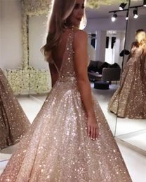 Gorgeous Rose Gold Sequined Evening Dresses 2019 Sparkle Sequin A-line Prom Gowns Sexy Backless Abiye Party Dress Robe De Soiree