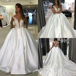 gorgeous wedding dresses jewel sheer sleeveless lace appliqued bridal gown satin sweep train custom made elegant robes de marie hot sell