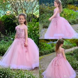 Layer Ruffles Organza Long Kids Girls Pageant Dresses Lovely Pink Sheer Crew Neck Princess Formal Kids Formal Wear Flower Girl Dress