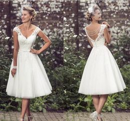 Elegant Tea Length Short Wedding Dresses Cap Sleeves Appliques Lace Wedding Gowns Tulle V Neck Short Bridal Gowns Cheap226d