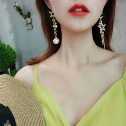 Fashion-Woman Full Pearl Lucky Number 5 Long Rhinestone Tassels Asymmetry Drop Earrings