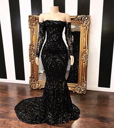 Long Prom Dresses 2020 Boat Neck Long Sleeve Sequined Floor Length Mermaid African Black Girl Prom Dress