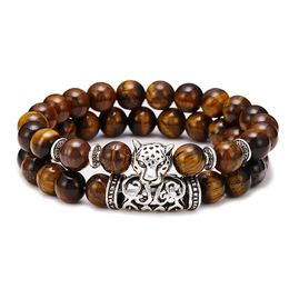 Hot Brand Tiger Eyes Stone Bracelet Set 100% Handmade 8mm Lava Stone Alloy Lion Head Bracelet Set Strong Elastic Rope Bracelet