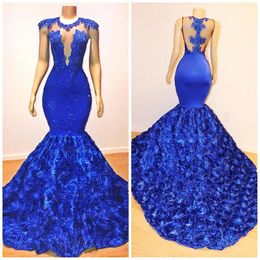 Royal Blue Mermaid Prom Dresses 2020 Rose Flowers Long Chapel Train Sheer Neck Applies Beads African Pageant Dress Evening Gowns BC1059