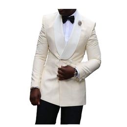 Ivory Groom Tuxedos Double-Breasted Men Wedding Tuxedos Shawl Lapel Jacket Blazer Popular Men Dinner/Darty Suit(Jacket+Pants+Tie) 1182