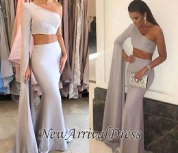 2019 One Shoulder Long Sleeve Evening Dress Elegant Arabic Dubai Two Pieces Holiday Women Wear Formal Party Prom Gown Custom Made Plus Size