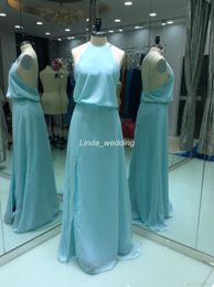 2019 Real Photos Light Blue Long Bridesmaid Dress Chiffon Sleeveless Backless Formal Guest Maid of Honour Gown Plus Size Custom Made