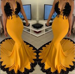 Yellow Sexy Mermaid V Neck Prom Dresses long vestidos de dama de honor Bridesmaids Dresses Simple Designs Party Prom Dresses Lace Applique