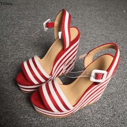 RonticNew Women Platform Sandals Wedges High Heels Sandals Open Toe Gorgeous Red Striped Party Shoes Women US Plus Size 5-15