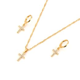 New african Jewellery Sets solid gold GF crystal Cross white CZ fine Pendant Necklace Women Chain girls kids party Wedding gift