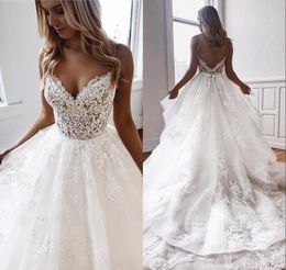 A Dresses Beach Line Spaghetti Straps Lace Applique Tiered Tulle Custom Made Chapel Train Wedding Gown Vestido De Novia Pplique