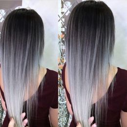 Gerade Ombre Farbe Perucke 1b Grau Volle Spitze Echthaar Perucke 130 Dichte Mit Dunklen Schwarzen Wurzeln 100 Brasilianische Jungfrau Echthaar