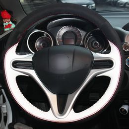 White Genuine Leather Black Suede DIY Hand sewing Car Steering Wheel Cover for Honda Fit 2009-2013 City