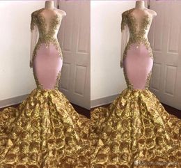 African Mermaid Prom Dresses Sheer Jewel Neck Gold Appliqued One Shoulder Sweep Train 3D Flowers Evening Formal Party Gown Pageant Dresses