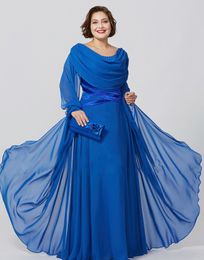 Royal Blue Chiffon Mother Of The Bride Dresses Jewel Neck Long Sleeve Plus Size Evening Dress Floor Length Formal Party Gowns261Y