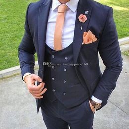 Fashionable Classic slim Groomsmen Navy Blue Groom Tuxedos Men Suits Wedding/Prom/Dinner Best Man Blazer(Jacket+Pants+Tie+Vest) AA275