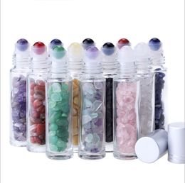 Essential Oil Diffuser 10ml Clear Glass Roll on Perfume Bottles with Crushed Natural Crystal Quartz Stone Crystal Roller Ball Silver cut lin