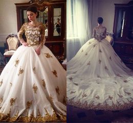 Gold Lace Appliques Sequined Luxurious Ball Gown Wedding Dresses 2020 Long Sleeve Zipper Back Court Train Bridal Gowns Plus Size AL5086