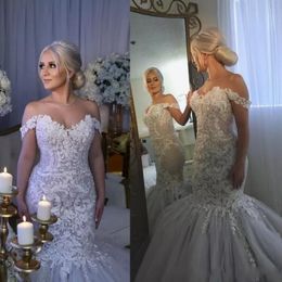 2019 Luxury Mermaid Wedding Dresses Sweetheart Lace Tulle Appliques Crystal Off Shoulder Sweep Train Custom Wedding Dress Formal Bridal Gown
