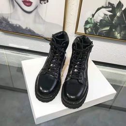 Woman Paris France New Release Bal Side Zip Boots Main Black Genuine Leather Chain Trim Military Metal Hardware Front Lace Up Shoes Boots